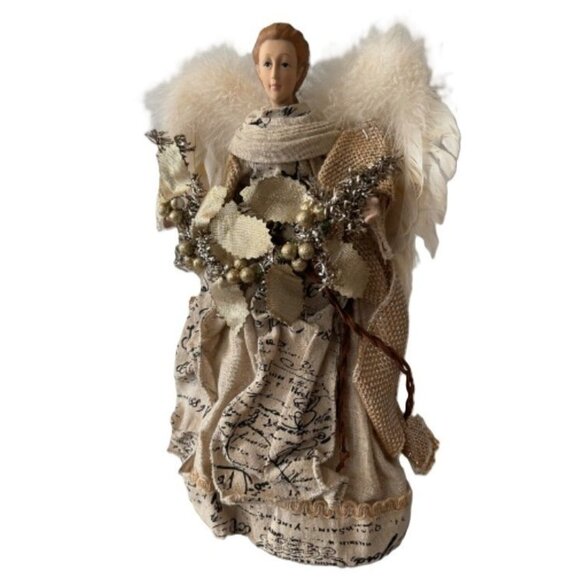 Vintage Angel Tree Topper Figurine Porcelain Head Hands Feather Wings Beige 14" - Picture 2 of 9
